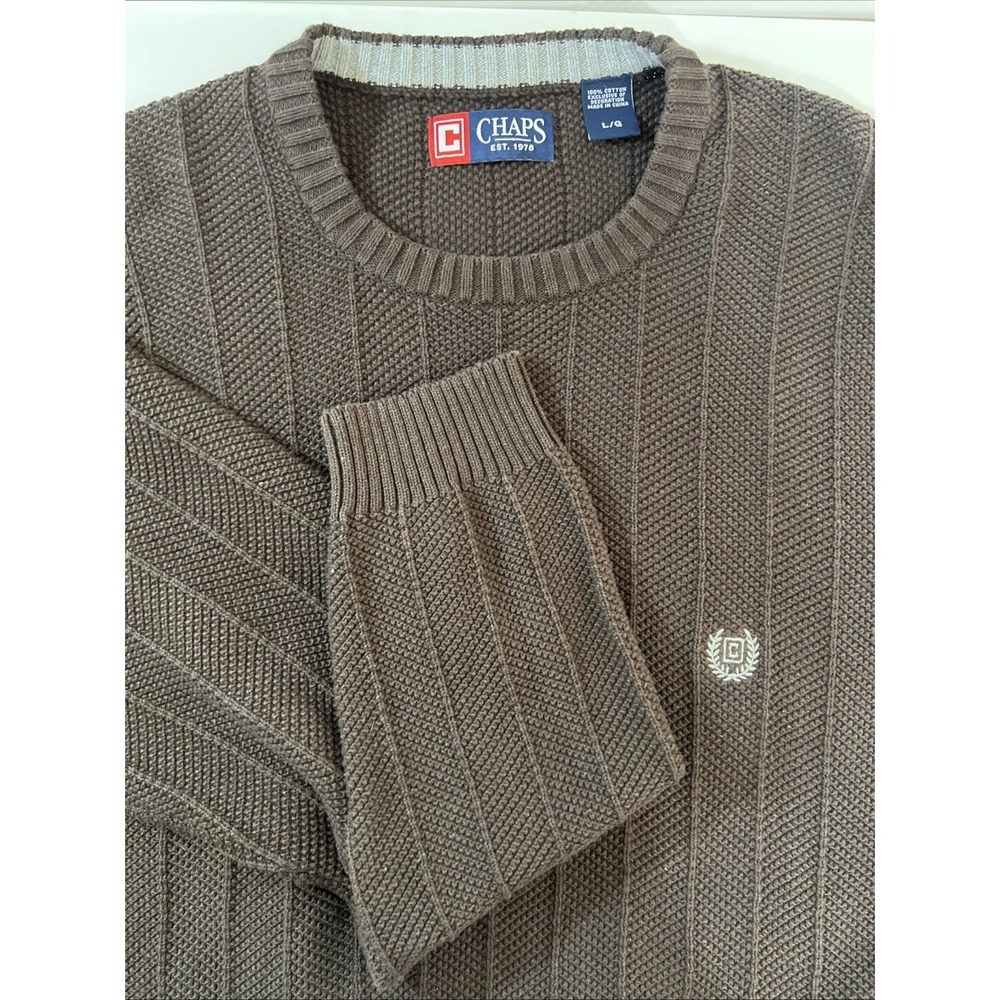 Chaps Sweater Mens,‎ L, Large,  Brown Crewneck Pullover Cable Knit Cotton Thick